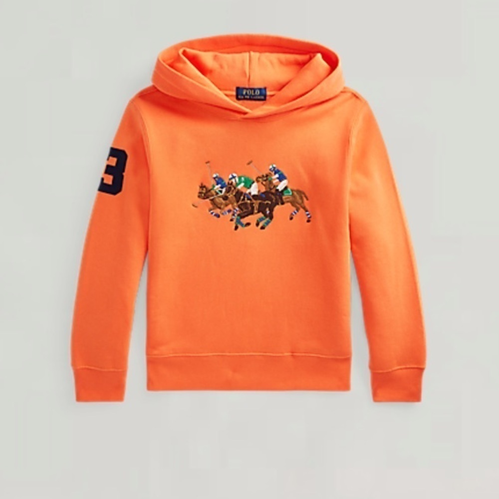 Polo Ralph‎ Lauren Boy’s May Orange Triple-Pony Graphic Fleece Hoodie. Sz-14/16